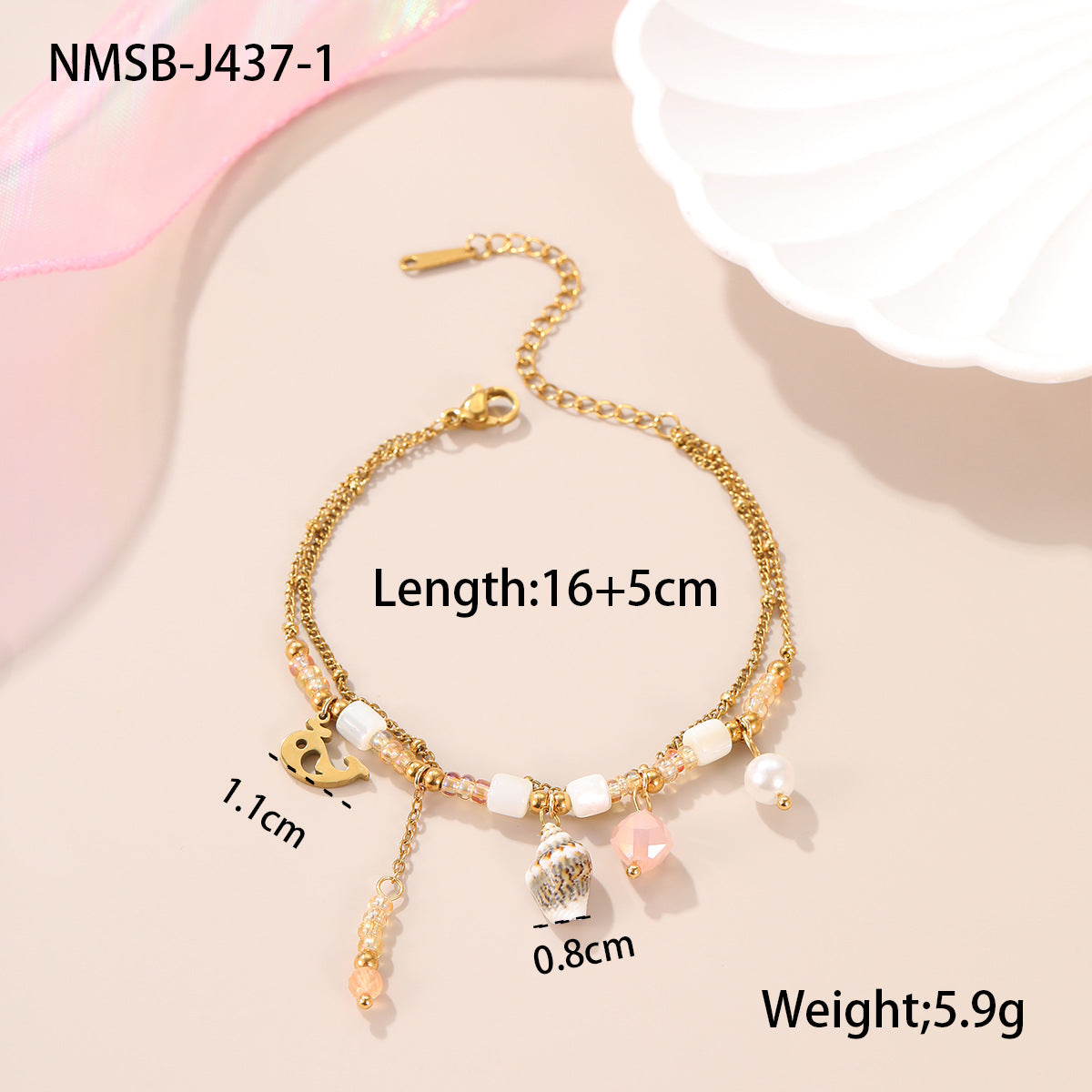 Fashionable Summer Ocean-Themed Titanium Steel Bracelet with Gold-Plated Flower Beads and Geometric Design for Women