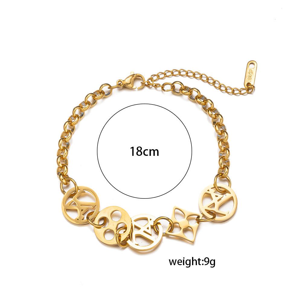 Vintage Minimalist Titanium Steel Letter Charm Bracelet with Vacuum Plating for Women