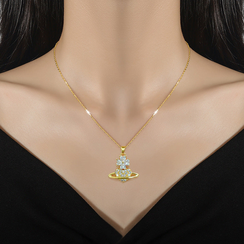 Collana con ciondolo Luxury Floral Planet per uomo e donna con catena in acciaio al titanio e strass intarsiati con design geometrico