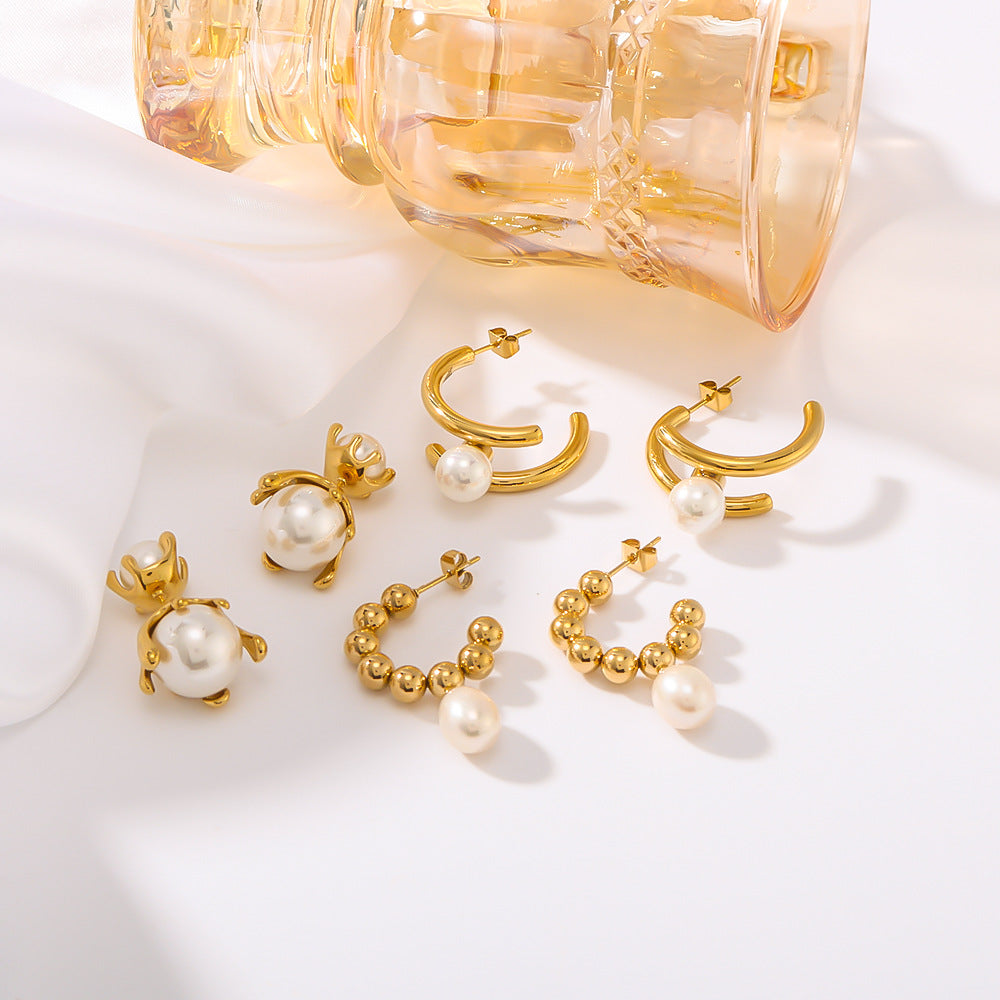 Vintage French Style Geometric C-Shaped Stainless Steel Earrings with Pearl Inlay Plated in 18K Gold for Women