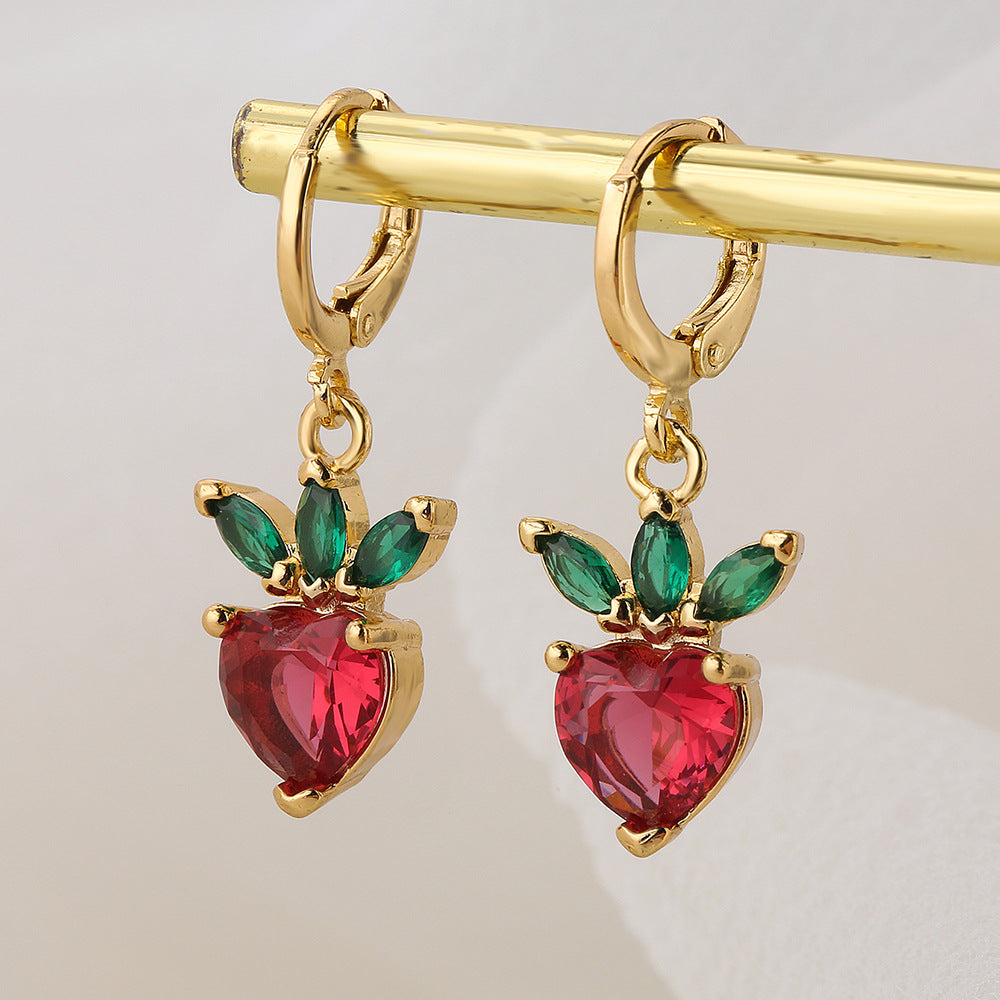 Minimalist Pineapple Strawberry Shaped Copper Earrings with Gold Plating and Micro-Pave Zirconia for Women
