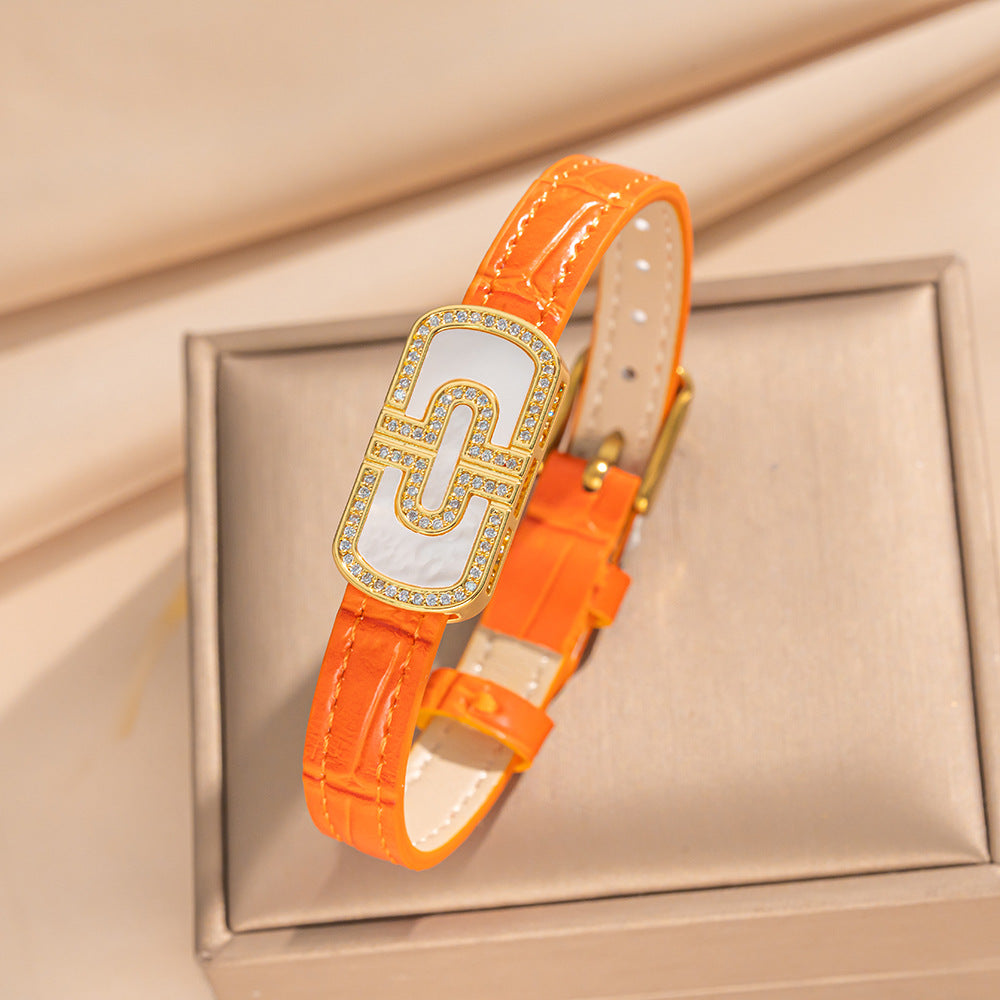 Minimalist Geometric Stainless Steel Buckle Genuine Leather Bracelet for Men and Women with Bamboo Grain Texture