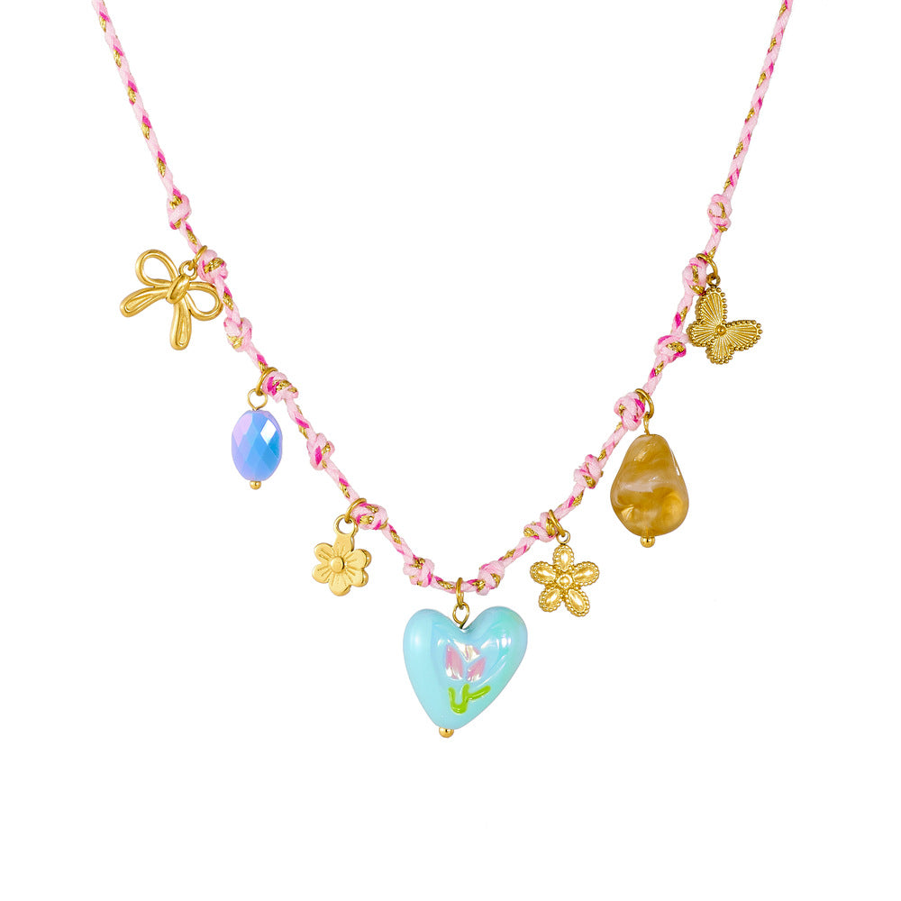 Sweet Heart Stainless Steel Drip Oil Floral Pendant Necklace for Women