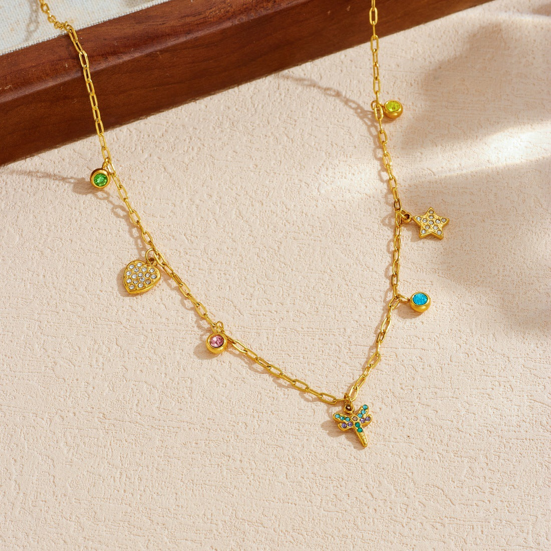 Sweet Gold Plated Stainless Steel Dragonfly Heart Star Necklace with Cubic Zirconia