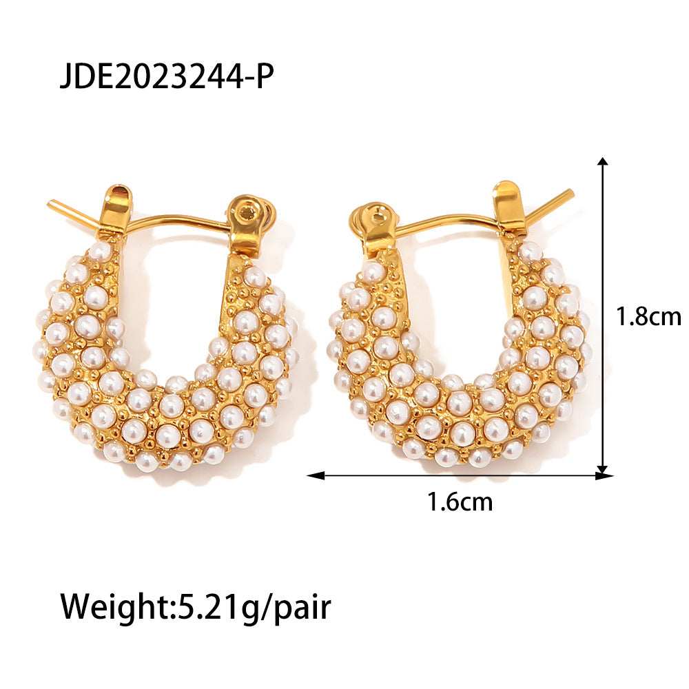 French Style Trendy 18K Gold Plated Stainless Steel Geometric Hoop Earrings with Green and White Cubic Zirconia for Women