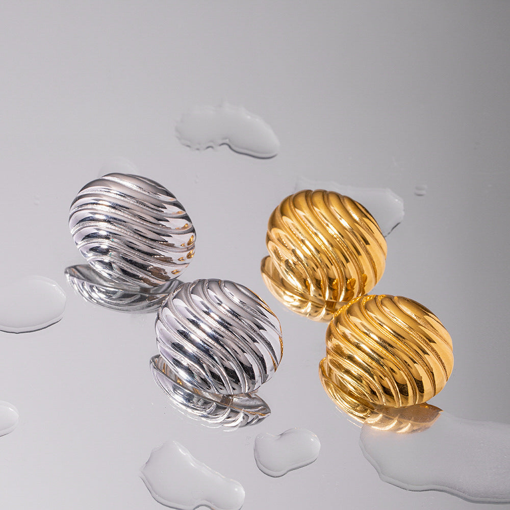 Geometric Stainless Steel Earrings with 18K Gold Plating and Textured Grid Pattern for Women