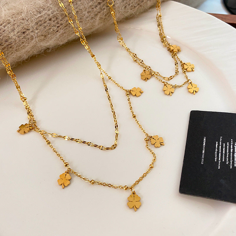 Gold Plated Titanium Steel Four-Leaf Clover Lip Chain Bracelet Set
