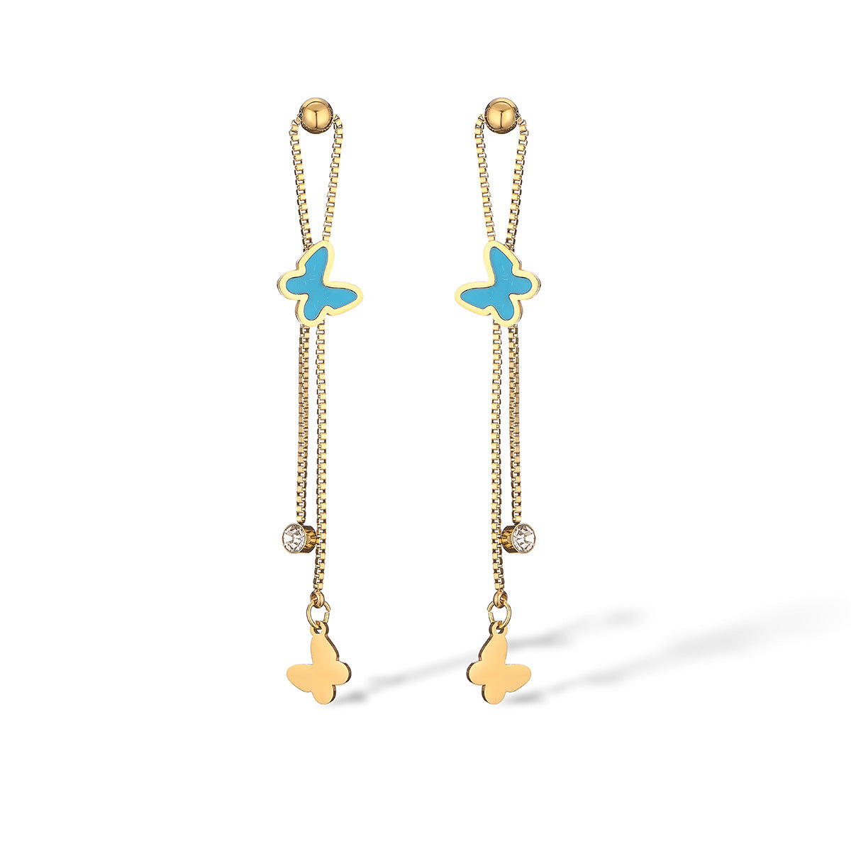 Orecchini Minimalisti in Acciaio al Titanio a Forma di Farfalla con Placcatura in Oro 18K e Dettagli Floreali Smaltati