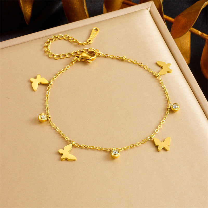 Minimalist Gold Plated Stainless Steel Butterfly Round Crown Eye Pendant Necklace and Bracelet Set for Women