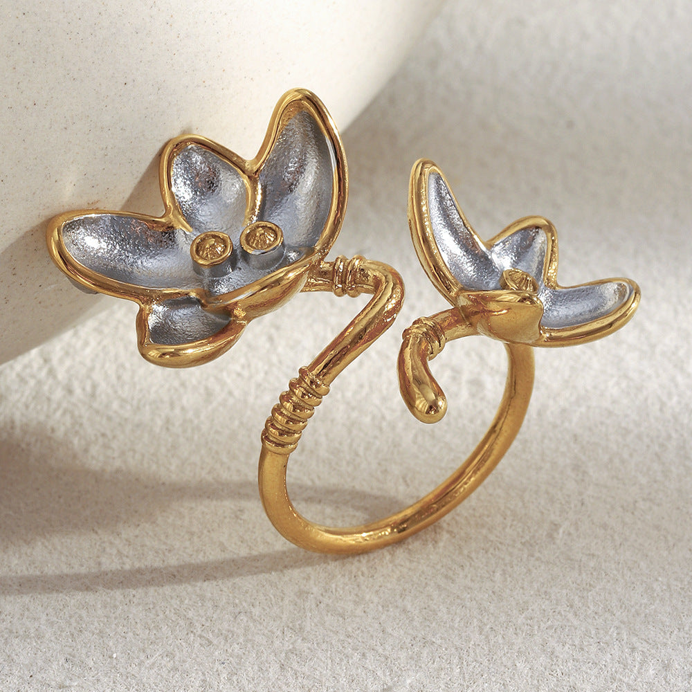 Minimalist Floral Stainless Steel Plated 18K Two-Tone Opening Ring for Women