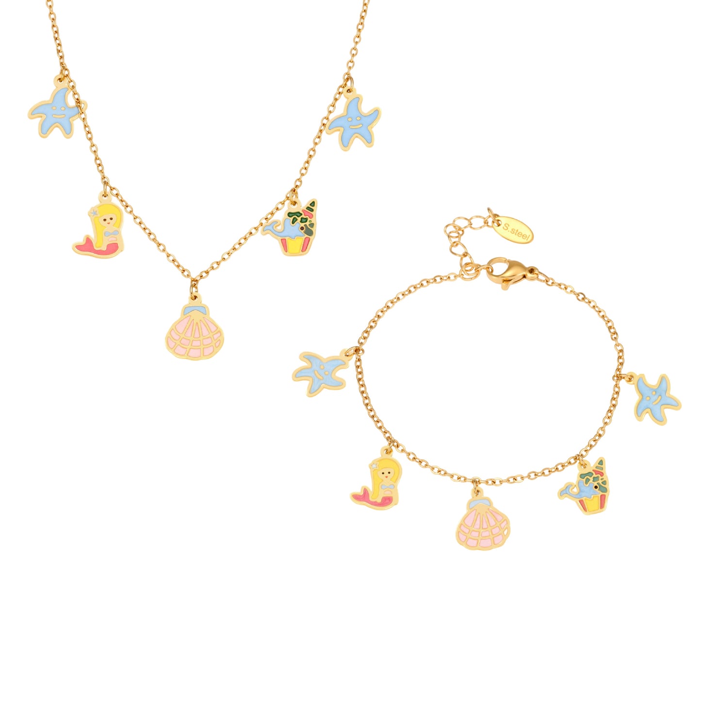 Lindo juego de collar y pulsera de sirena de acero inoxidable con colgante de acero de titanio y acabado chapado para niños