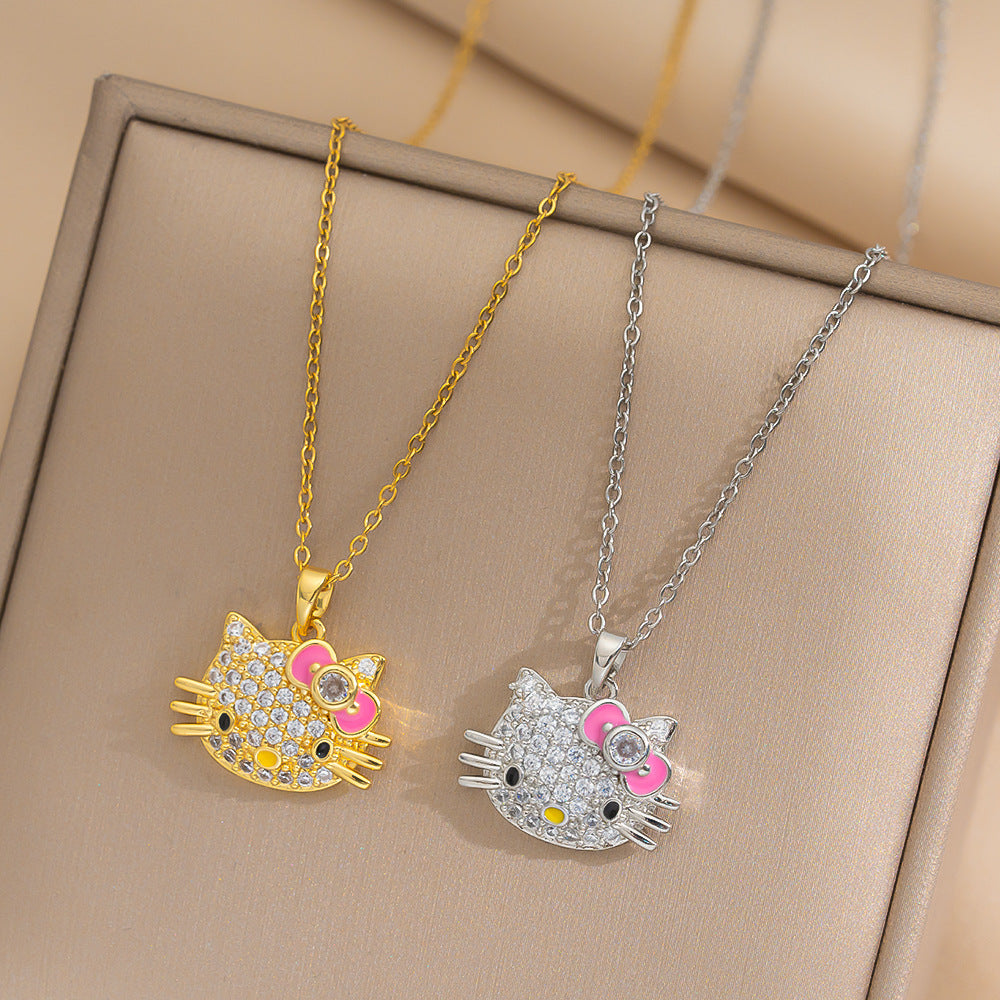 Collana Pendente Gatto Geometrico Minimalista in Acciaio Titanio con Zirconi Micro-Incastonati Placcata Oro Vero con Catena a Serpente per Donna