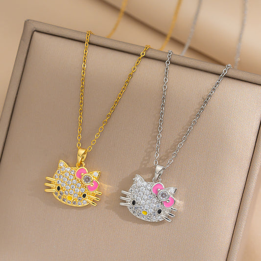 Collar con Colgante de Gato Geométrico Minimalista en Acero de Titanio con Circonitas Microengastadas Bañado en Oro Real con Cadena de Serpiente para Mujer