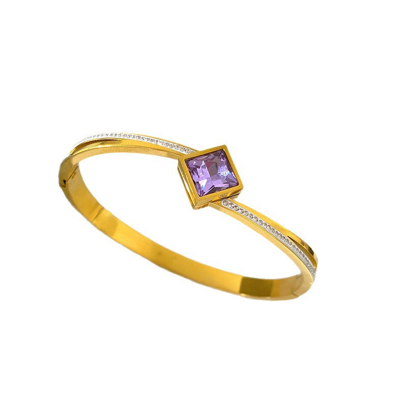 Minimalist Elegant Square Geometric Micro-Inlaid Cubic Zirconia Titanium Steel Bracelet for Women
