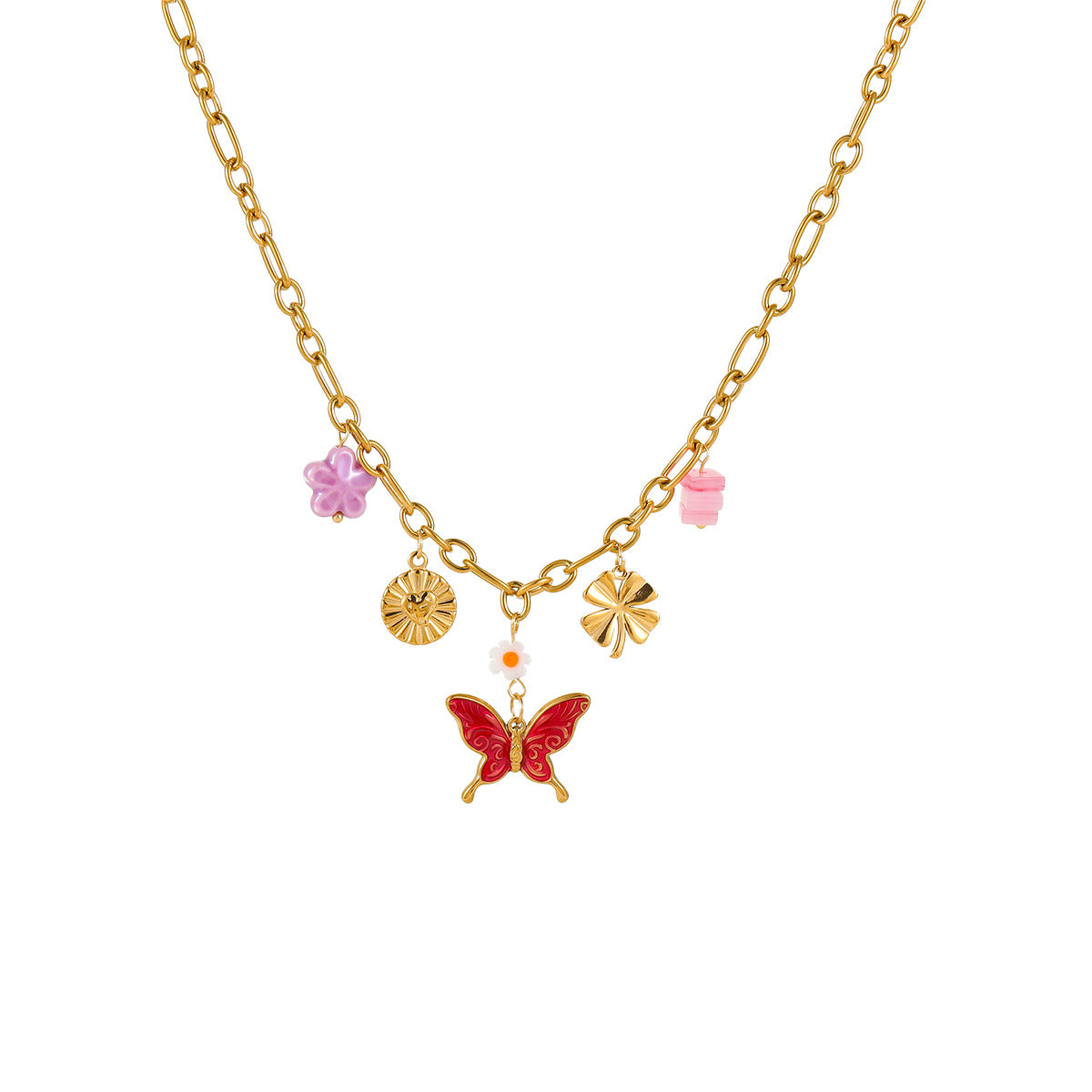 Fashionable Daisy Butterfly Pendant Necklace in Stainless Steel with Plated Finish for Women