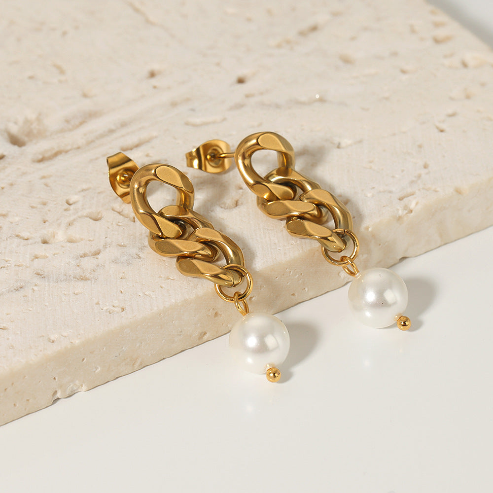 Minimalist Geometric Pearl Earrings with 18K Gold Plated Stainless Steel Chain Dangle for Women