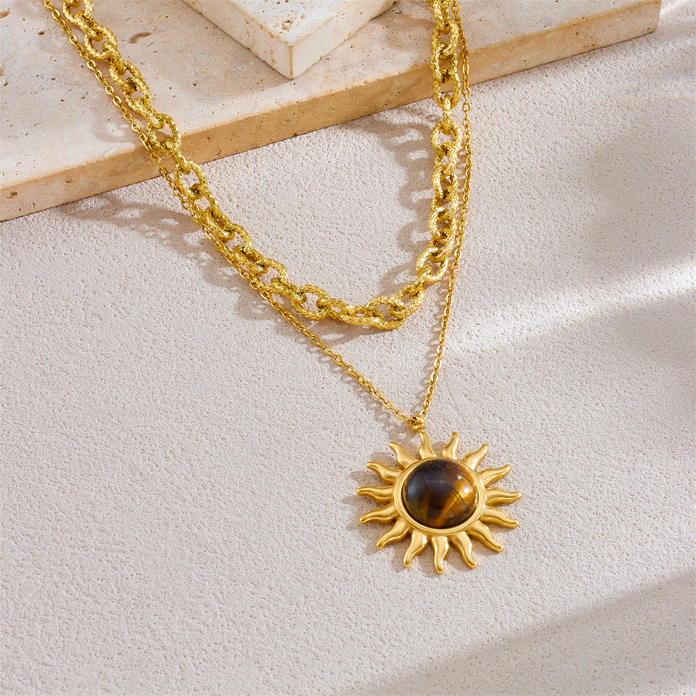 Vintage Fashion Sun-Shaped Geometric Pendant Necklace in Stainless Steel with Plated Finish for Women