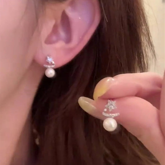 Elegant French Vintage Star-Shaped Simulated Pearl and Zircon Earrings with Plated Steel Posts for Women