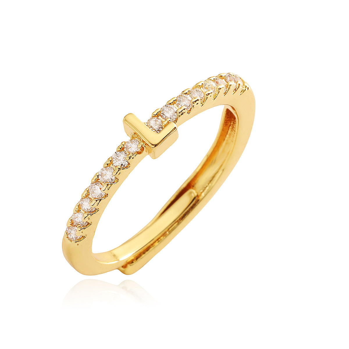 Anello in Rame Geometria Minimalista con Placcatura in Oro 18K e Zirconia Cubica, Design Regolabile a Lettera per Donna