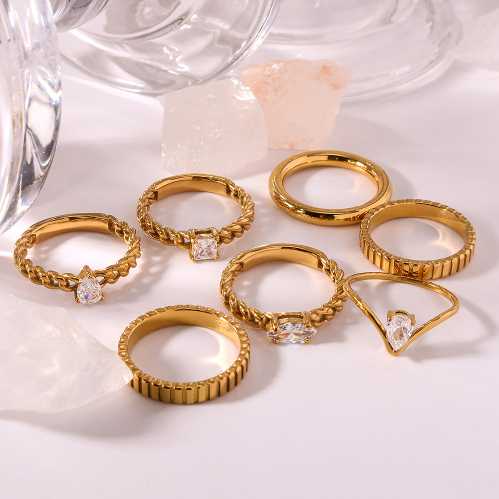 Minimalist Geometric Stainless Steel Ring with 18K Gold Plating and Zirconia for Women and Men
