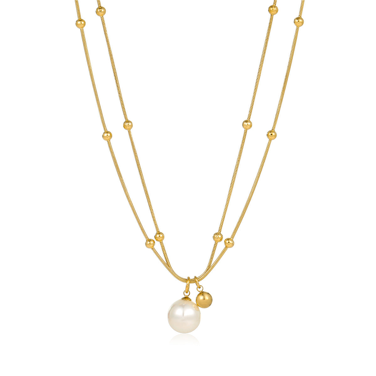 Collana minimalista con perle, doppia catena in acciaio al titanio e design con clavicola placcata in oro 18 carati