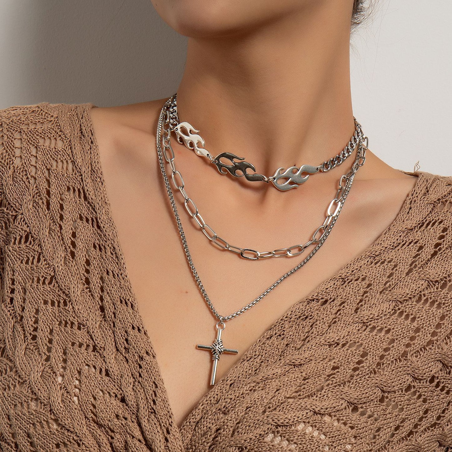 Hiphop Trendy Geometric Cross Alloy Plated Necklace for Women - Multi-Layer Fashion Jewelry
