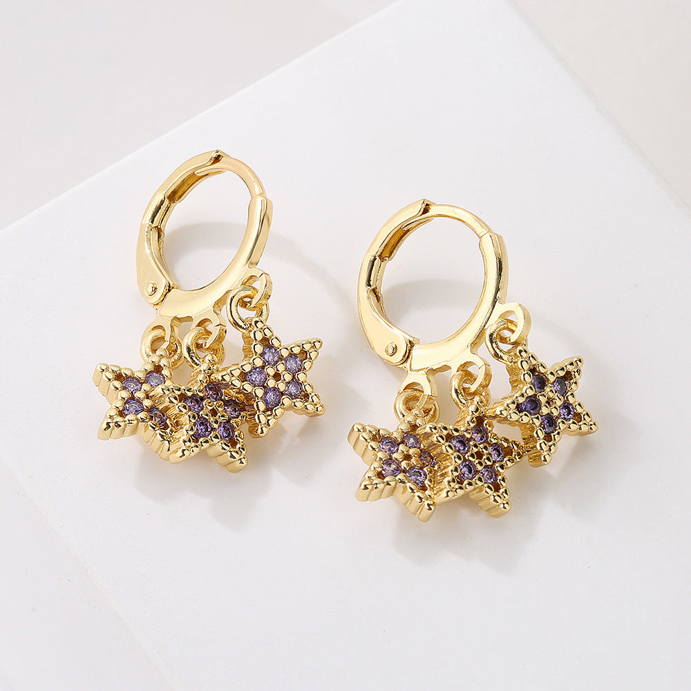 Minimalist Geometric Star Earrings for Women with Copper Base Plated in 18K Gold and Zircon Inlay