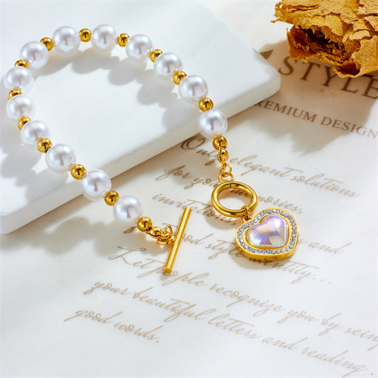 Pulsera de Perlas Vintage de Moda con Colgante de Corazón de Diamantes de Imitación y Cierre OT de Acero de Titanio para Mujer