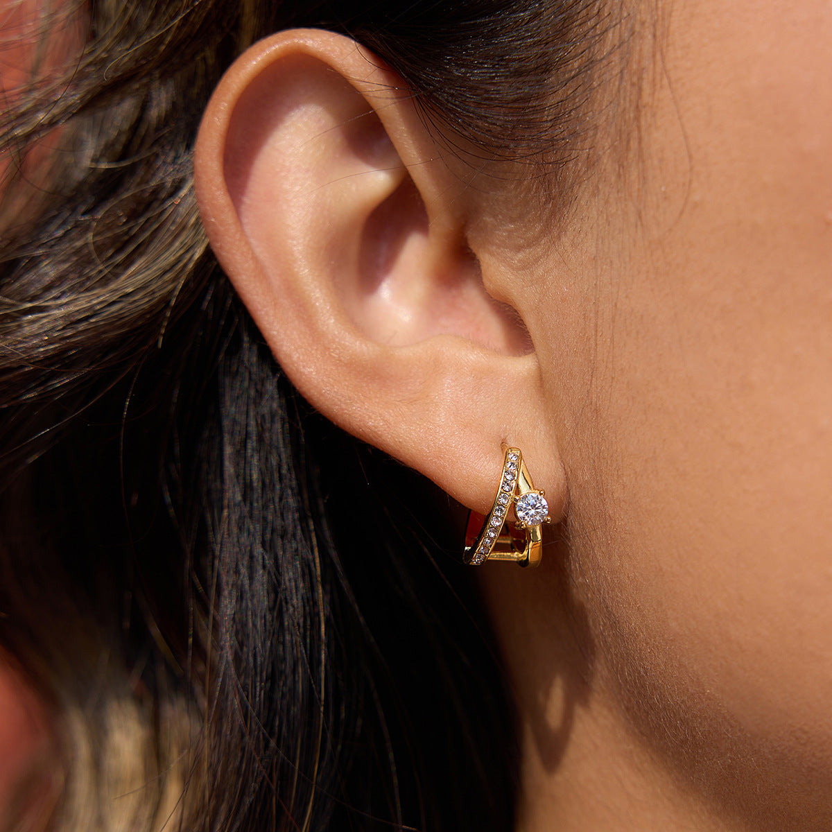Elegant Geometric Stainless Steel Earrings with Green Cubic Zirconia and Rhinestone Plated Finish for Women