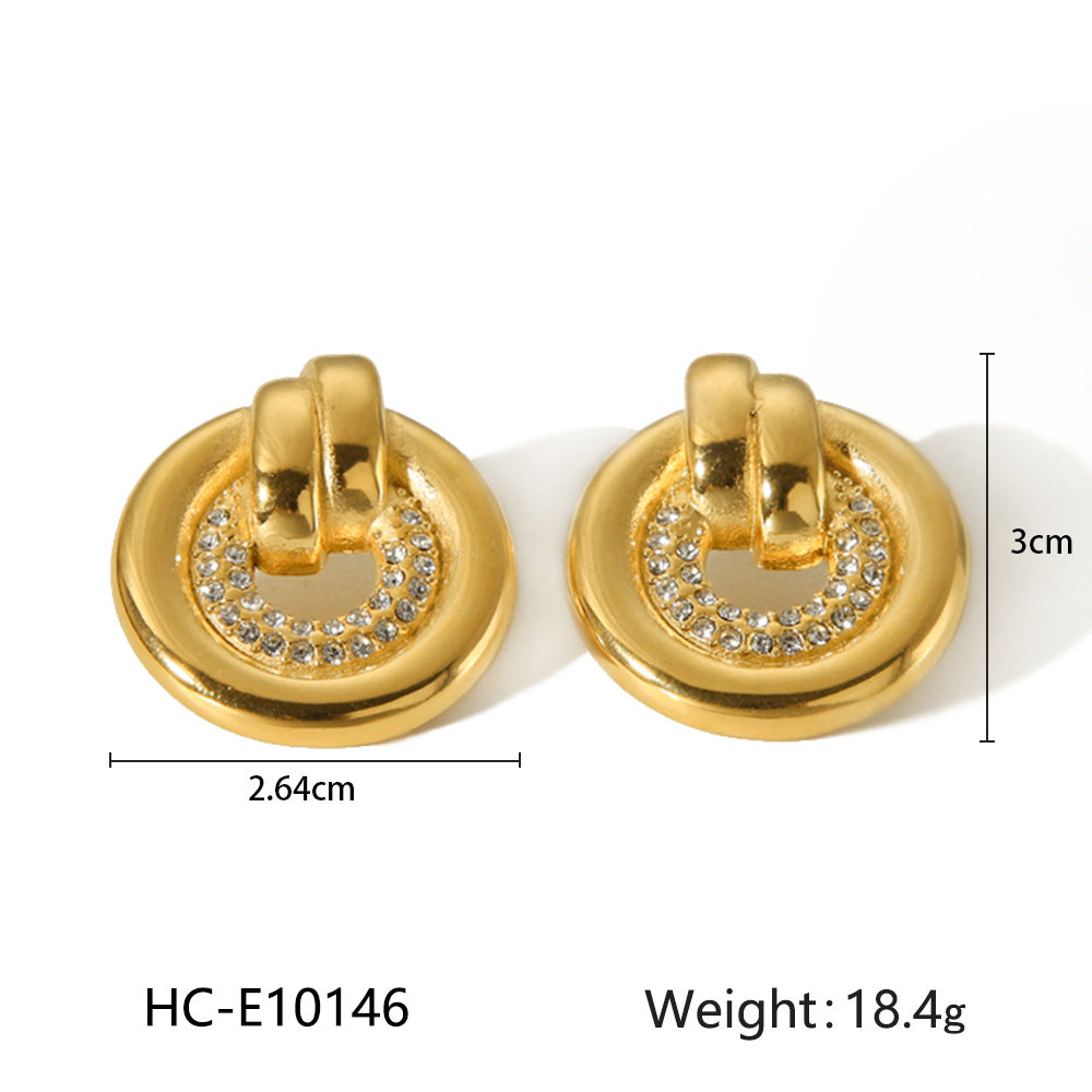 Ins Fashion Geometric Round 18K Gold Plated Stainless Steel Rhinestone Earrings for Women