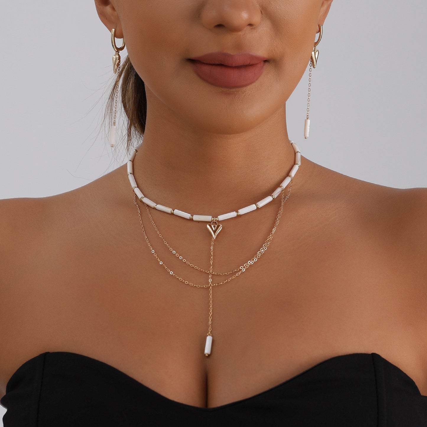 Geometric Heart Beaded U-Shape Tassel Alloy Necklace for Women