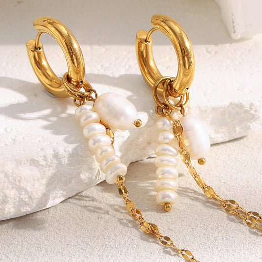 Minimalist Geometric Stainless Steel Earrings with 18K Gold Plating, Pearl-Embellished Chain Tassel Design for Women