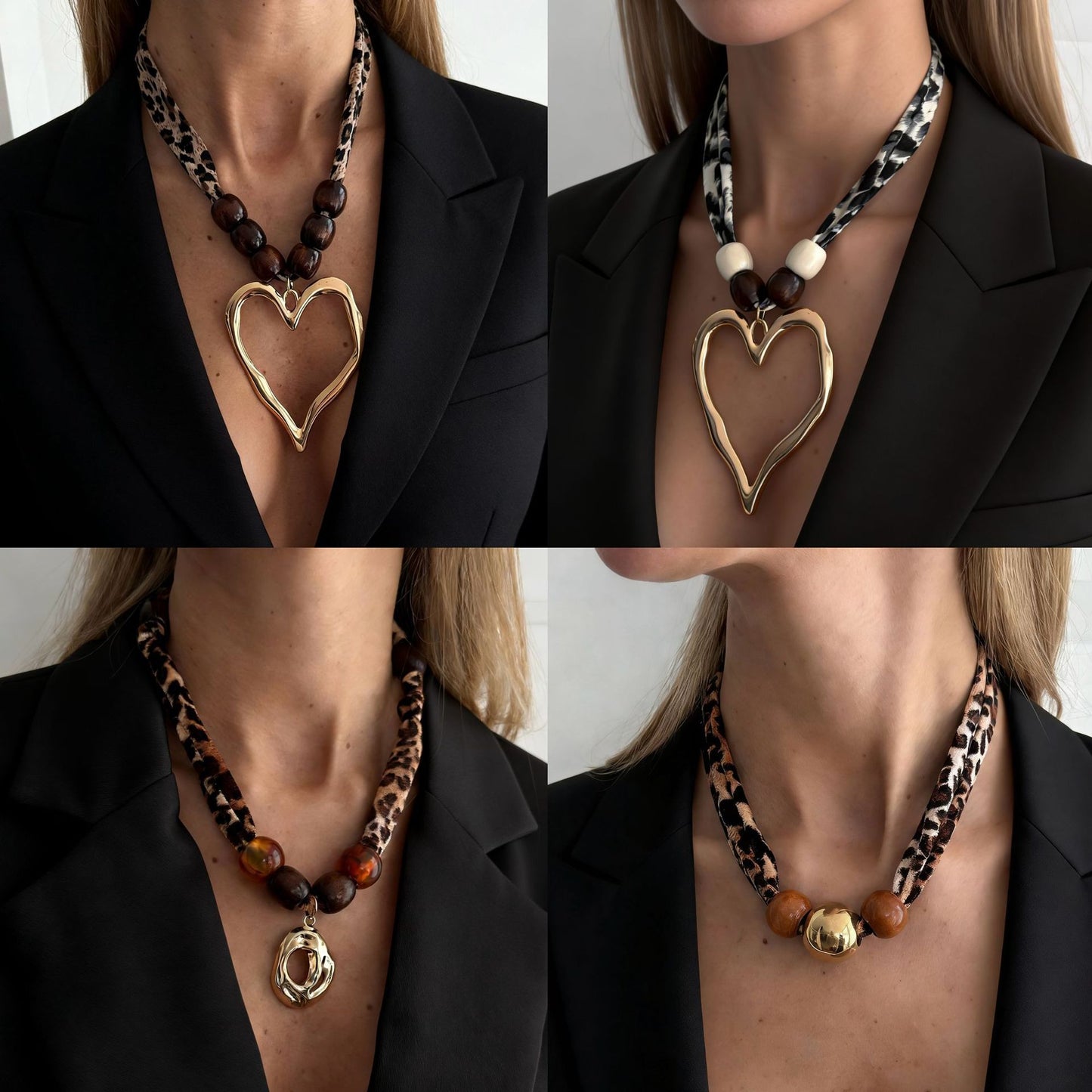 Vintage Leopard Print Resin Heart Pendant Necklace with Pearl and Alloy Details for Women