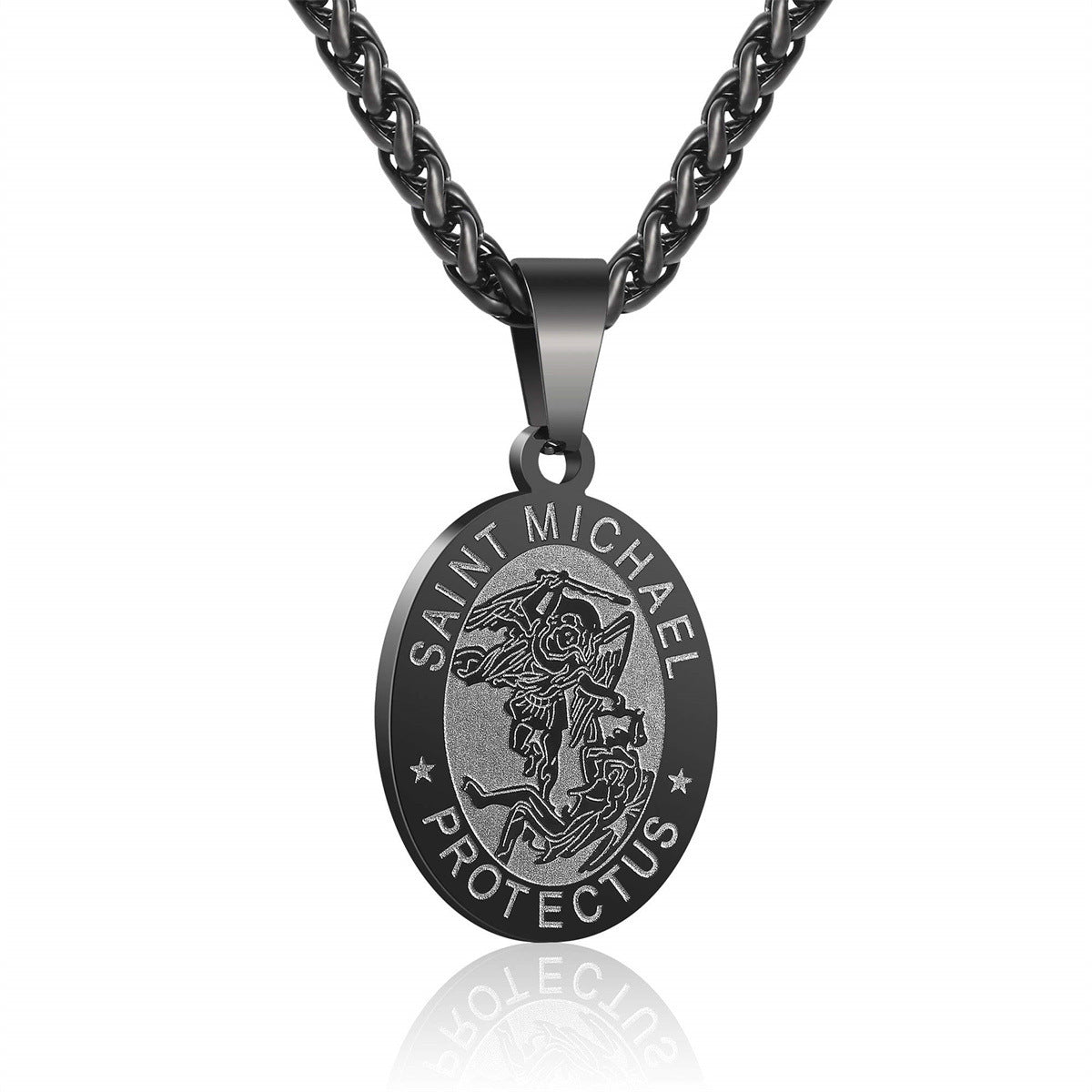 Minimalist Geometric Saint Michael Medal Pendant Necklace for Women in Stainless Steel with Plated Finish