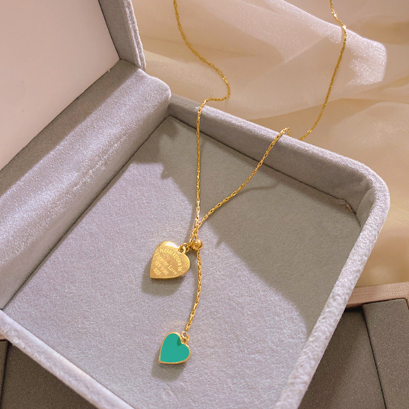 Sweet Gold Plated Titanium Steel Heart Pearl Tassel Necklace Adjustable