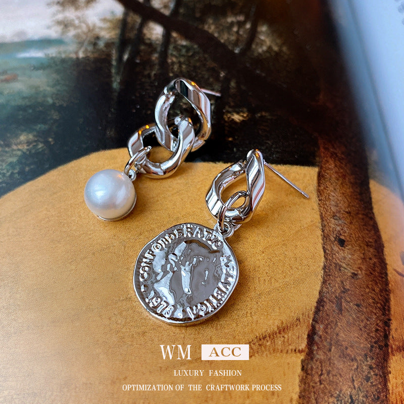 Chic Asymmetrical Metal Portrait Pearl Earrings with Geometric Shape Electroplated Steel Posts for Women