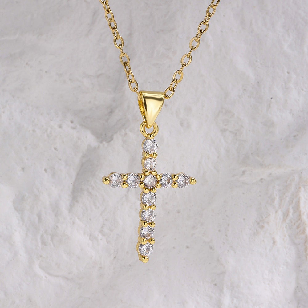 Minimalist Geometric Cross Pendant Necklace for Unisex, Copper Plated with Rhinestone Inlay, O-Chain Style, Fashionable Commuting Jewelry