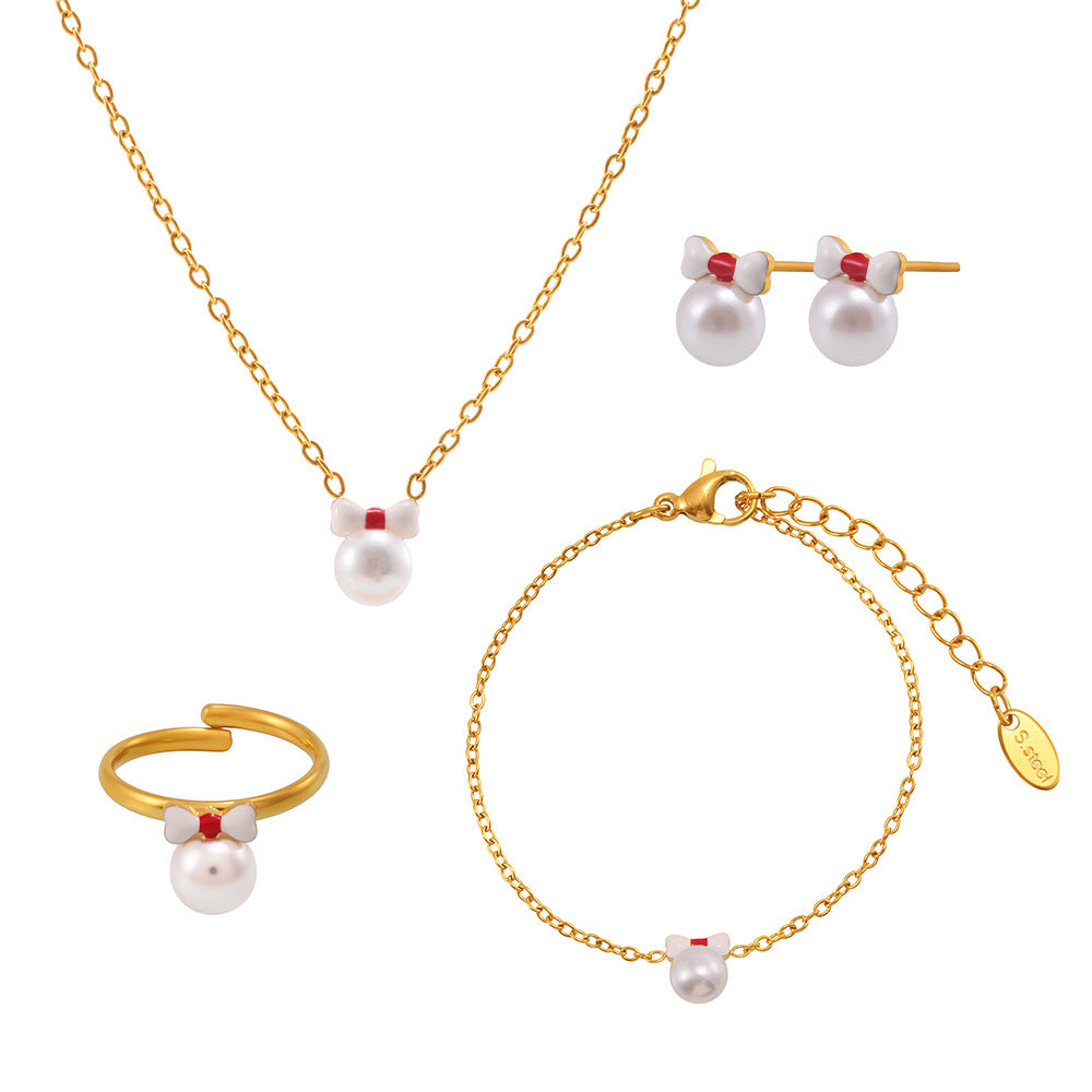 Elegante Conjunto de Collar, Pulsera, Anillo y Pendientes de Acero Inoxidable Brillante con Lazo para Mujer, con Colgante de Acero de Titanio y Acabado Chapado