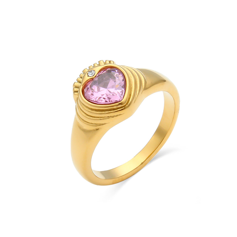 Luxury Vintage-Inspired Geometric Crown Heart Ring in Stainless Steel with 18K Gold Plating and Zircon Inlay