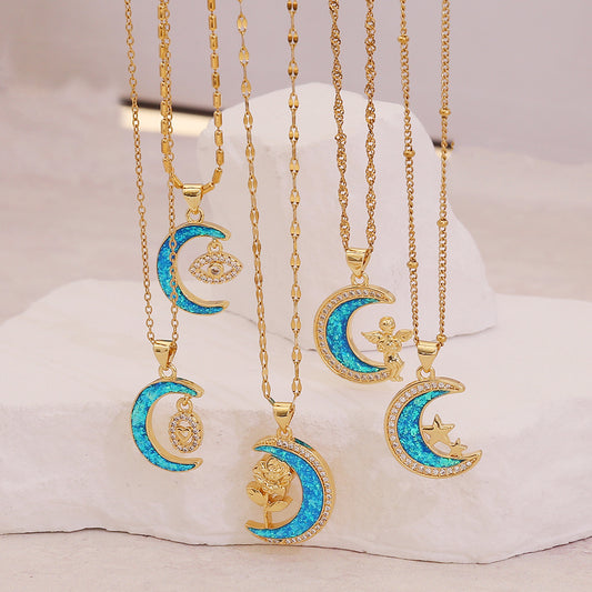 Collana pendente minimalista a stella e luna con rame placcato oro rosa, occhio d'angelo e design a rosa floreale