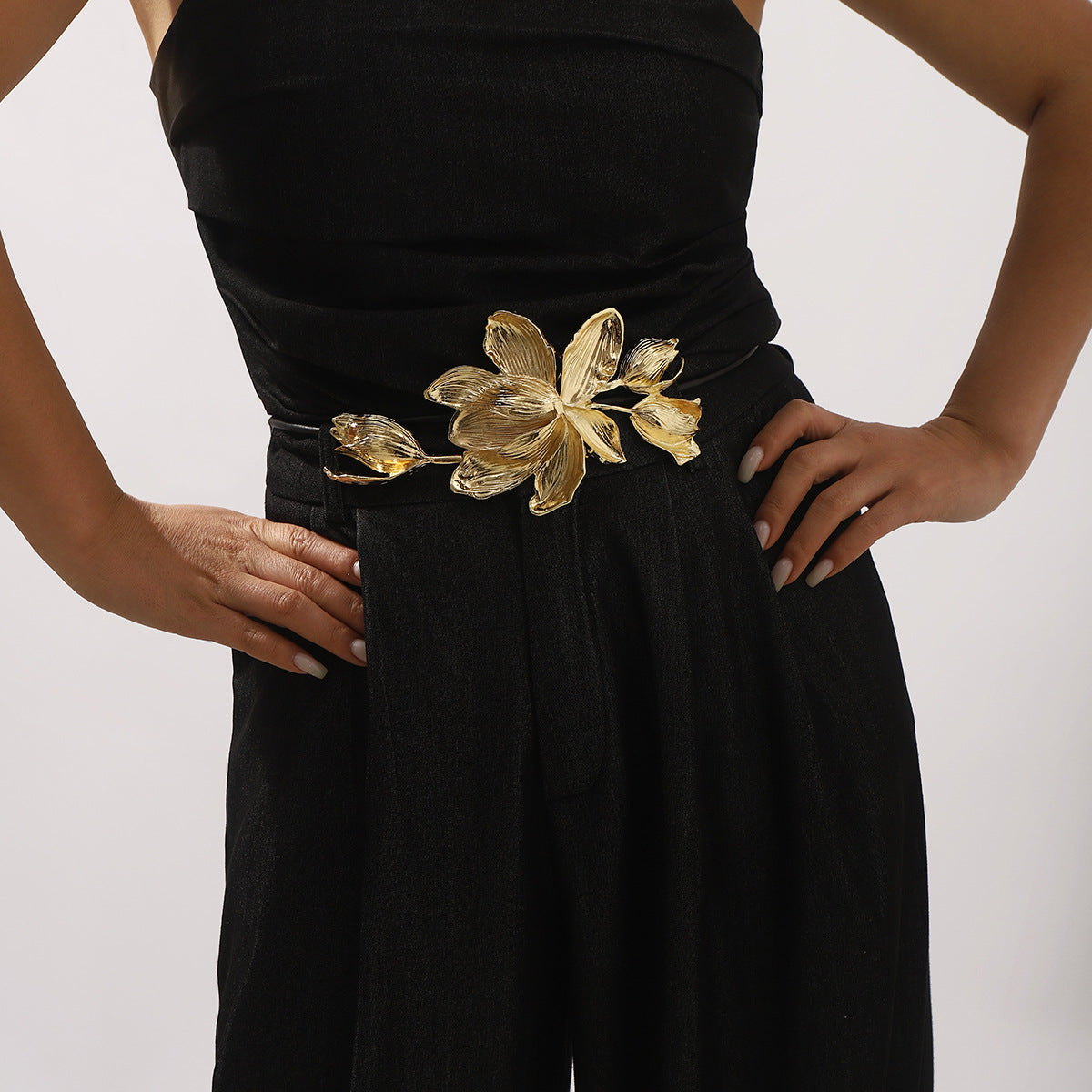 Vintage Tulip Flower Waist Chain for Women in Alloy with Leather Cord Adjustable Multi-Loop Design