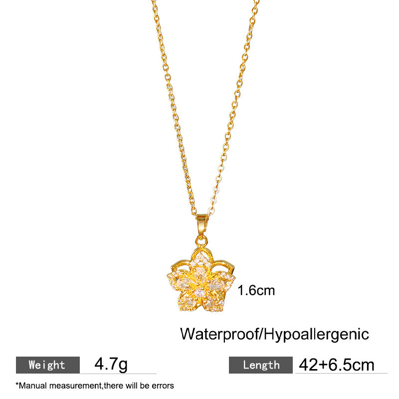Sweet Sporty Rotatable Cubic Zirconia Floral Titanium Steel Necklace for Women