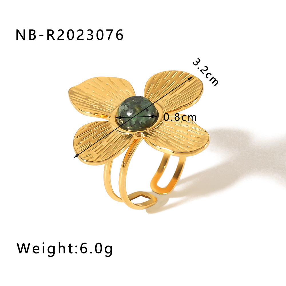 Floral Butterfly Shaped Stainless Steel Ring with 18K Gold Plating and Turquoise Inlay for Women