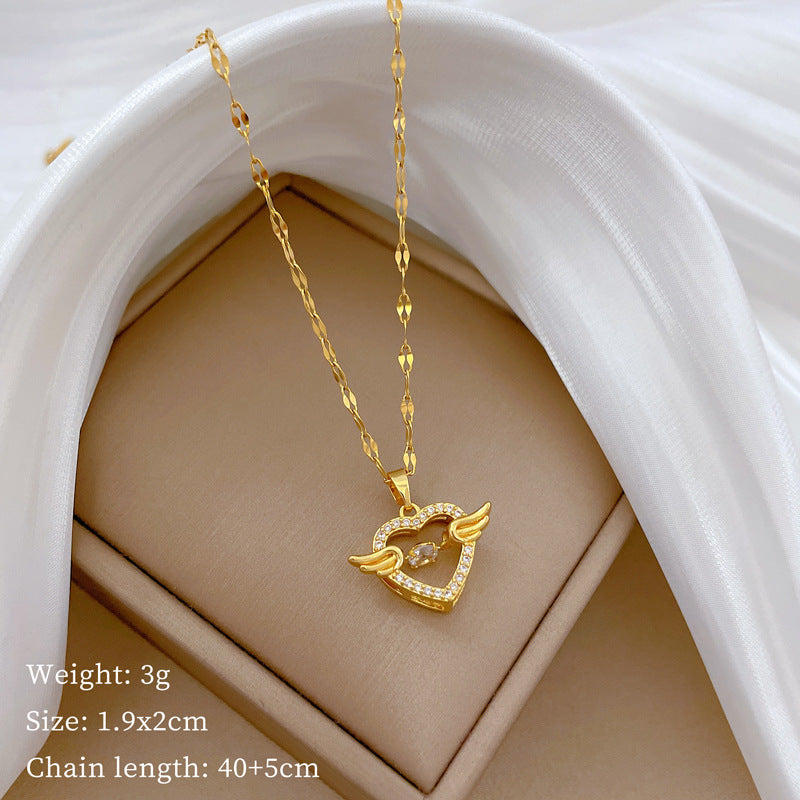 Collana di lusso in acciaio al titanio con cuore geometrico, strass e catena a labbra per donne e uomini