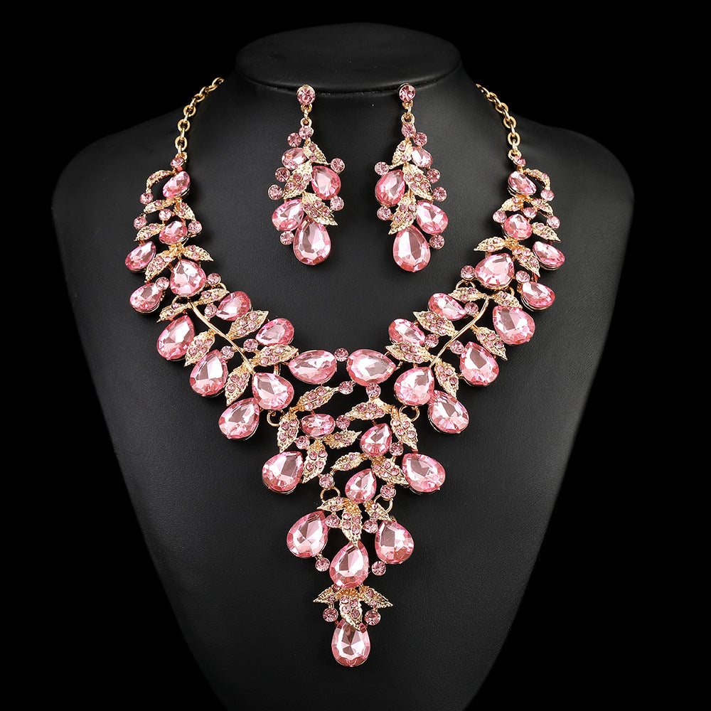 Vintage Floral Alloy Pendant Necklace Set with O-Chain, Rhinestone-Inlaid Leaf and Lotus Pod Motifs for Women