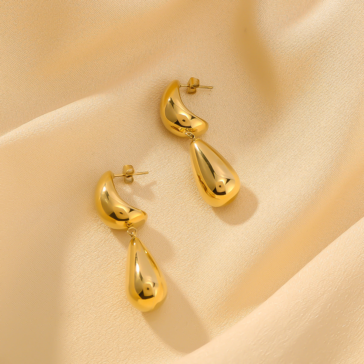 Minimalist Double-Layer Hollow Teardrop-Shaped Stainless Steel Earrings with 18K Gold Plating for Women