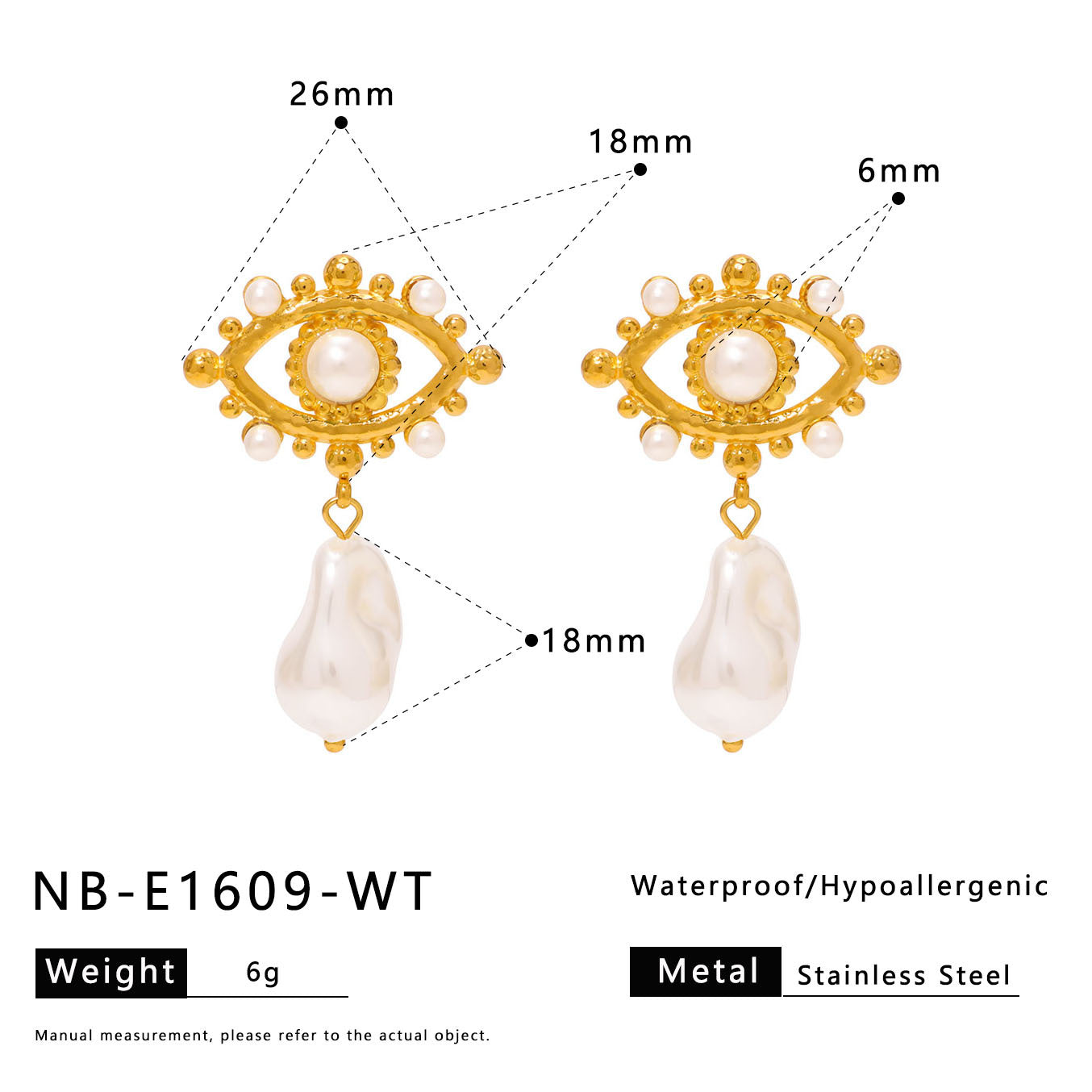 Minimalist Geometric Eye-Shaped Stainless Steel Earrings with Pearl Accents and 18K Gold Plating