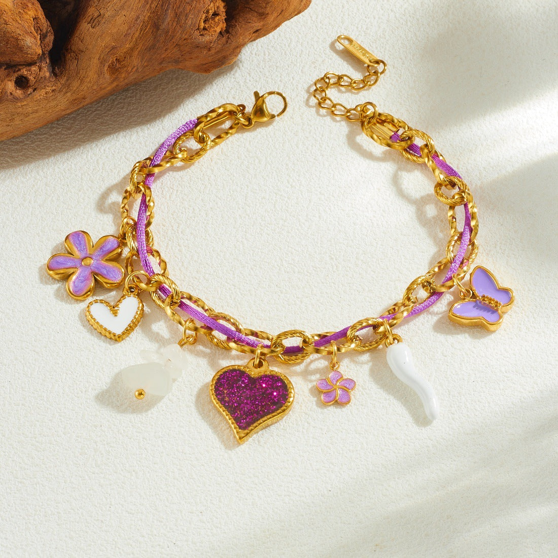 Sweet Purple Drip Oil Butterfly Heart Floral Stainless Steel Pearl Bracelet