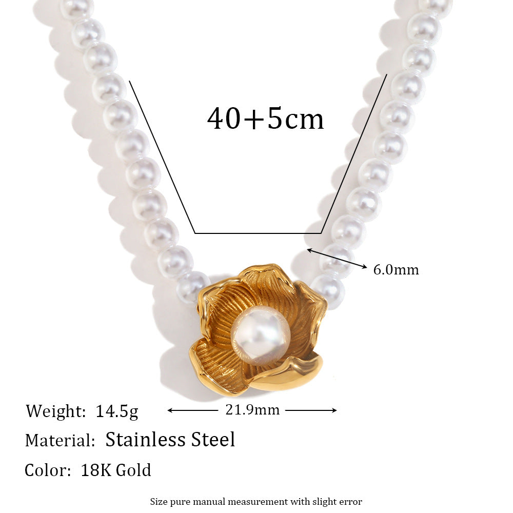 Vintage Floral Style Stainless Steel Pendant Necklace with 18K Gold Plating and Simulated Pearl Accents for Women