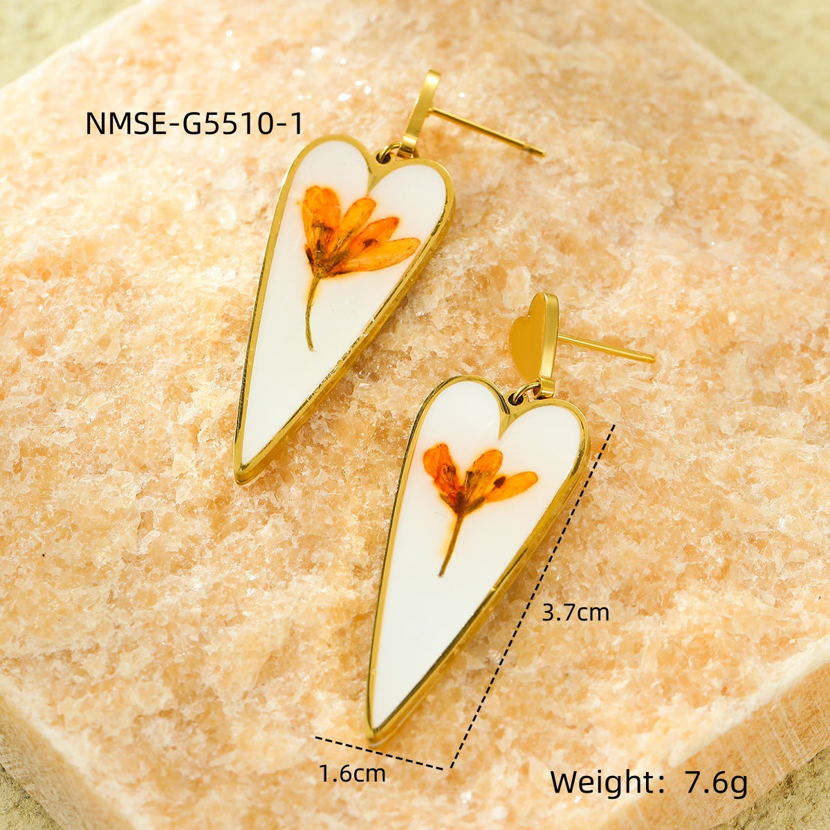 Pendientes de esmalte con colgante de flor seca en forma de corazón geométrico vintage en acero de titanio con acabado chapado